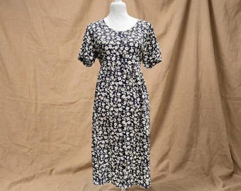 Vintage Sostanza Navy Blue Floral Button Down Short Sleeved Dress, size Medium