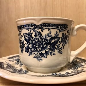 Vintage Blue Carnation Ironstone Teacup & Saucer w/ small chip*