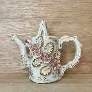 Vintage Porcelain 4”  Watering Can Vase with Pink Rose and Gold Decoration