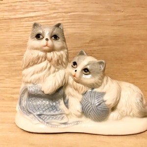 Vintage Porcelain Long Haired Grey & White Kittens playing with Yarn