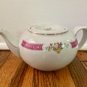 Vintage Pink Floral Porcelain Teapot with Flat Lid and Gold Accents