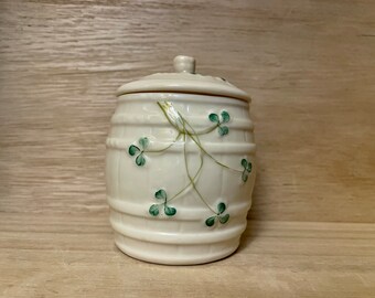 Vintage Belleek Ireland Shamrock Barrel Style Honey Pot