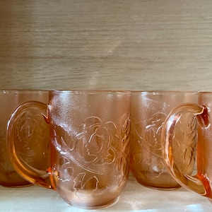 Set of Four Vintage Arcoroc France Pink Floral Frosted Glass Mugs