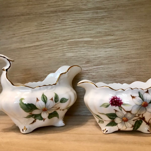 Vintage Creamer and Sugar Bowl, Dogwood Blossoms, bone China made by Hammersley in England