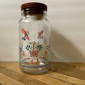 Vintage Glass Canister with White Goose in Sun Hat with Wooden Lid