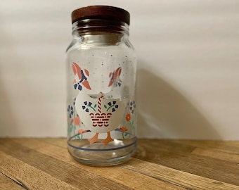 Vintage Glass Canister with White Goose in Sun Hat with Wooden Lid