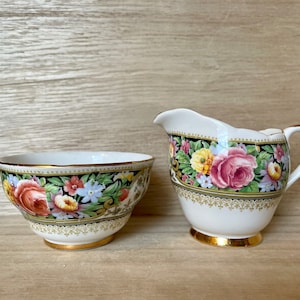 Vintage Royal Ardalt Bone China Sugar Bowl & Creamer Set, black and floral design, made in England