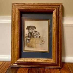 Vintage Framed Print Puppies Art Work by Ruane Manning