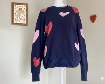 St. John’s Bay Navy Blue Pullover Sweater with Pink & Red Hearts, Large