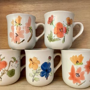 Vintage Sunnycraft Stoneware Flower Pattern Mugs, Set of 5, please read description*
