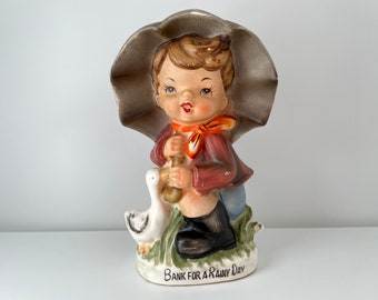 Vintage Bank For a Rainy Day, Porcelain Boy with Umbrella and Goose