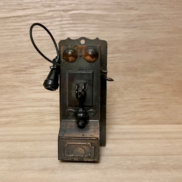 Miniature Vintage Metal Wall Mount Telephone with Cord, Durham Industries 1970s