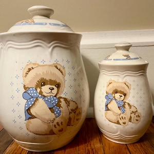 Vintage Tienshan Stoneware Country Theodore Teddy Bear Canister Vintage Tienshan Stoneware Country Theodore Teddy Bear Canister