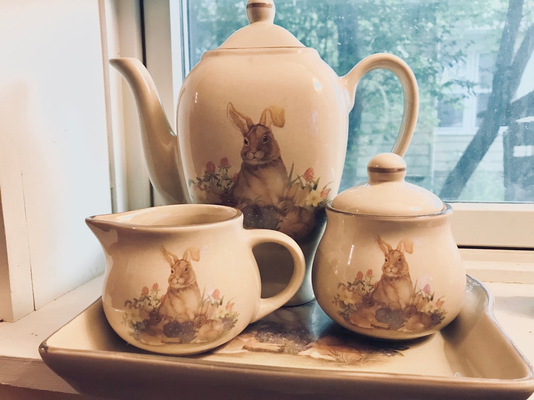 Vintage Ceramic Teaset With Rabbits & Flowers Sugar Bowl, Creamer, Tray