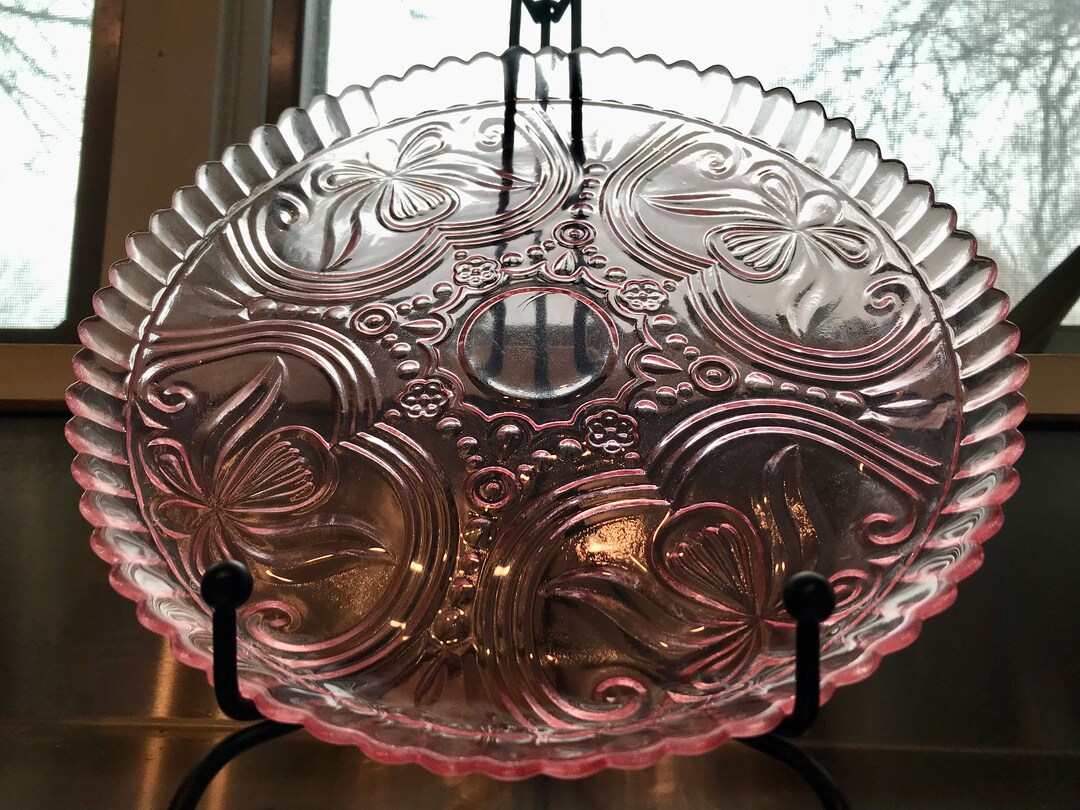 Set of Three Clear Pink Embossed Glass Plates Etsy