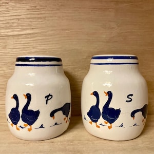 Vintage Set of Blue and White Country Geese Salt and Peoper Shakers