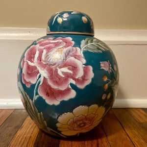 Large Vintage Chinese Teal Urn with Pink and Yellow Flowers