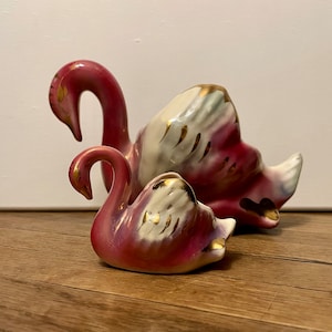 Pair of Pink Blue & Gold Porcelain Swan Vases