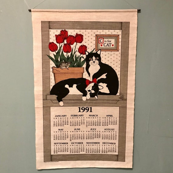 1991 Cats and Flowers Hanging Canvas Calendar - Etsy