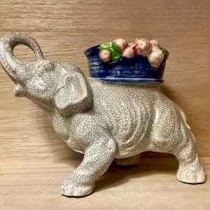 Vintage Porcelain Elephant with Blue Basket Planter