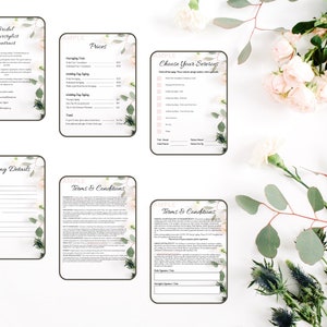 May include: A set of printable forms for a bridal hairstylist. The forms include a contract, price list, booking details, and terms and conditions. The forms are decorated with floral illustrations.