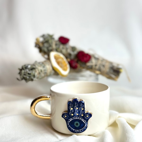 Coupe de la main de Fatima décorée d'or 24 carats Tasse en céramique de 250 ml