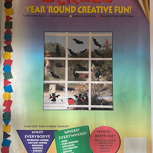 May include: A package of reusable, cling-on window decorations featuring bats and witches. The package says "Stik-Ees Year 'Round Creative Fun!" and "Bats 'N Cats Code LL".