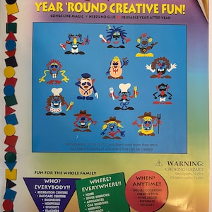 May include: A colorful box of Stik-ees reusable stickers featuring various cartoon faces. The box has the text "Year 'Round Creative Fun!" and "Cling Like Magic, Needs No Glue, Reusable Year After Year". The box also includes information about where to use the stickers, such as "Home, Store Windows, Appliances, Car Windows, Mirrors, Ceramics, White Boards, File Cabinets, Lockers, Plastic Containers, Bathtubs".