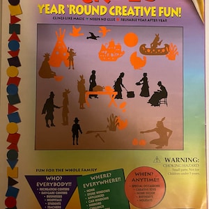 May include: A colorful illustration of a Thanksgiving themed Stik-Ees set. The set includes a variety of figures, including a Native American, a turkey, a canoe, and a teepee. The text on the image reads "Stik-Ees Year 'Round Creative Fun!" and "Fun for the whole family".
