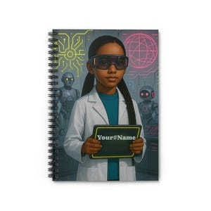 May include: Spiral-bound notebook featuring a young person in a lab coat and safety goggles, holding a tablet with the text "Your#Name". The background includes robots and neon-style circuit board and globe graphics.