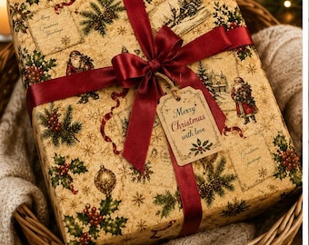 Vintage Victorian Christmas Wrapping Paper Roll | Antique Santa Illustrations & Snowy Village