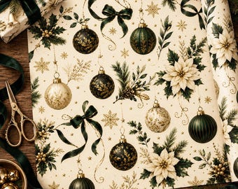 Elegant Christmas Wrapping Paper: Black & Green Ornaments, Gold Accents Snowflakes In Roll