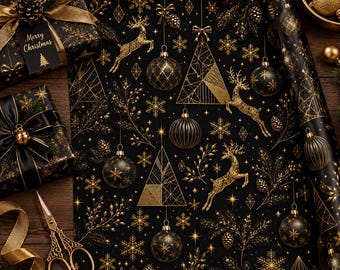 Luxurious Black Christmas Wrapping Paper Roll with Gold Reindeer & Ornaments