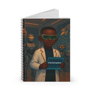 May include: Spiral-bound notebook featuring a cartoon illustration of a young Black boy in a lab coat and safety glasses, holding a tablet with the name "Christopher." The background shows robots and a rocket ship, suggesting a science or technology theme.