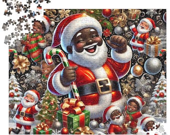May include: A Christmas-themed jigsaw puzzle featuring a smiling Black Santa Claus in a red suit with a white beard, holding a candy cane. The puzzle includes other Santa figures, gifts, and festive decorations.