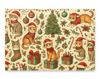クリスマス猫ラッピングペーパー | ホリデーギフトラッピングセット | サンタ帽をかぶったヴィンテージ猫デザイン | ギフトラッピングペーパー3枚