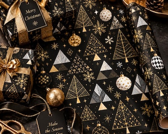 Elegant Black Christmas Wrapping Paper with Gold Trees & Ornaments | Geometric Snowflakes StarsWrapping paper roll