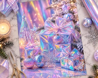 Dreamy Iridescent Wrapping Paper Christmas Scene with Glowing Pastel Gifts & Frosted Tree Roll