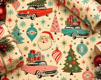 Vintage Christmas Wrapping Paper - Santa Faces, Old Cars, Trees & Ornaments Roll