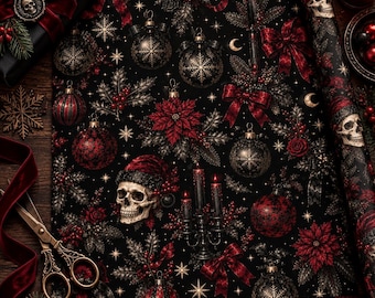 Black Gothic Christmas Wrapping Paper with Skulls, Candles & Gold Stars