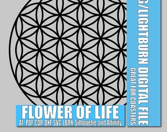 May include: Black Flower of Life design, a digital file for laser cutting or engraving. The image includes the text "SVG/LIGHTBURN DIGITAL FILE GREAT FOR COASTERS" and "FLOWER OF LIFE" with file format options: AI, PDF, CDR, DXF, SVG, LBRN, Silhouette, and Affinity.