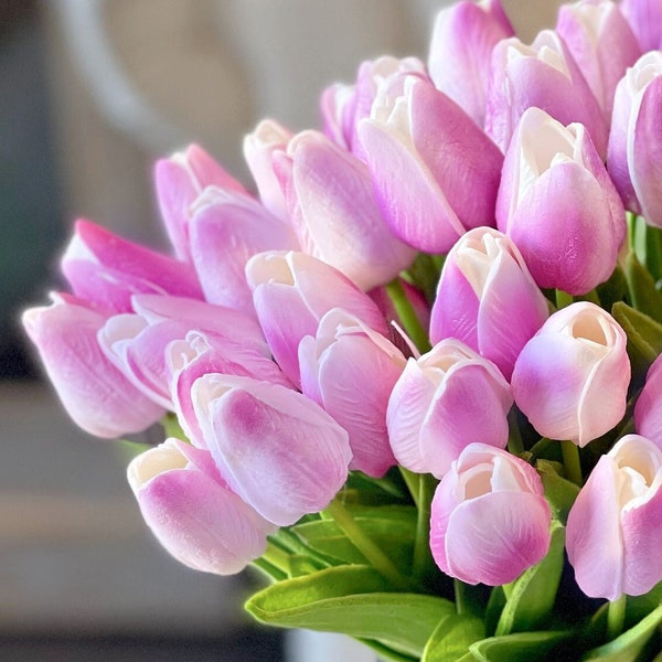 Purple tulips, two-tone blush faux flowers, artificial stems & Plants, green Leaves, light mauve, floral arrangement, spring home decor