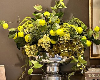 LARGE all green centerpiece, Vintage silver vase, Green apples, trailing vines, hydrangea, Pine, artificial floral arrangement, Faux flowers