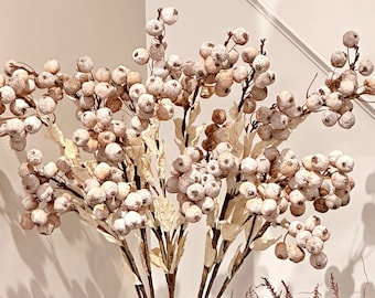 white berry branches, artificial faux dry look autumn berries, rustic modern dried floral arrangement, home decor