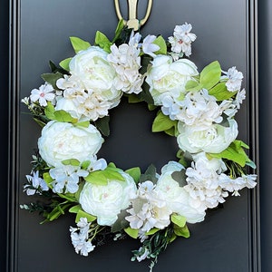 Peony Wreath, Faux silk flowers, large White peonies & hydrangeas with greenery, front door decor, floral wreath, nearly natural, quality