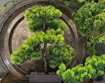 Bonsai tree, artificial greenery, decorative Japanese home decor accent, faux plant design, miniature green tree in pot, potted bonsai