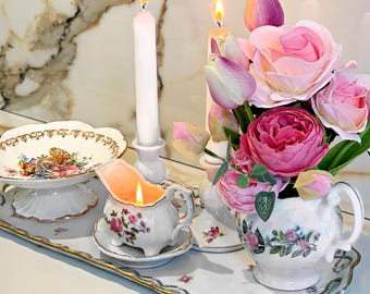 Tray set, coffee or side table, porcelain floral vanity decor display, pink roses in vase, vintage accessories, candle holders, fine china