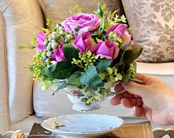 Tea Cup floral centerpiece of purple-pink roses & greenery, mauve, vintage porcelain teacup vase, Faux silk flower arrangement, little gift