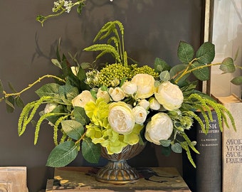 White roses centerpiece in gold iron vase, Faux flowers, silk hydrangea, berry clusters & greenery, real touch artificial floral arrangement