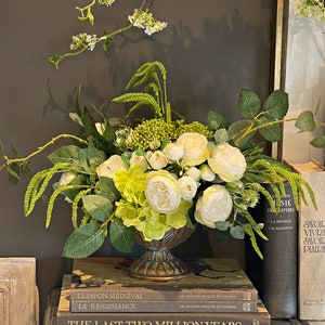 White roses centerpiece in gold iron vase, Faux flowers, silk hydrangea, berry clusters & greenery, real touch artificial floral arrangement